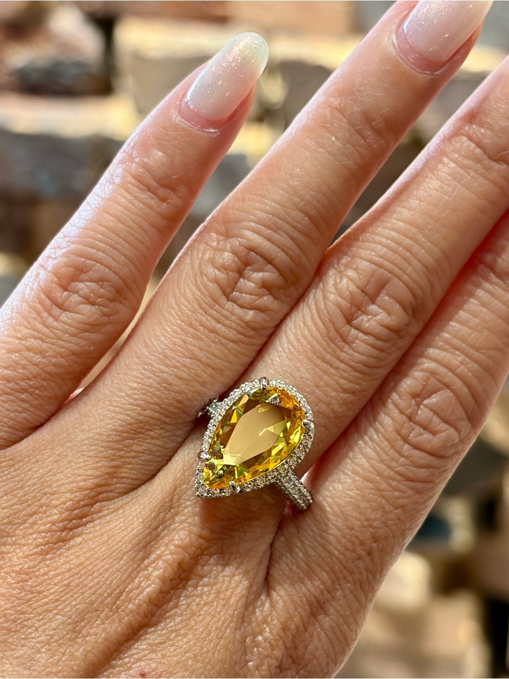 New Fancy 5ct Pear Cut Yellow CZ Halo Engagement ring Silver Tone in 7